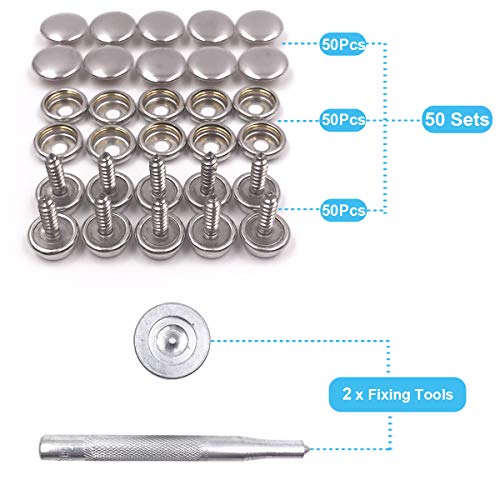 150 Pcs Snaps Fastener Screw Snaps, Heavy Duty Metal Snaps Button For Boat Canvas With 2 Pcs Setting Tool By Seloky, 50 Sets(Marine Grade, 3/8" Socket, 5/8" Screw) #TOP2