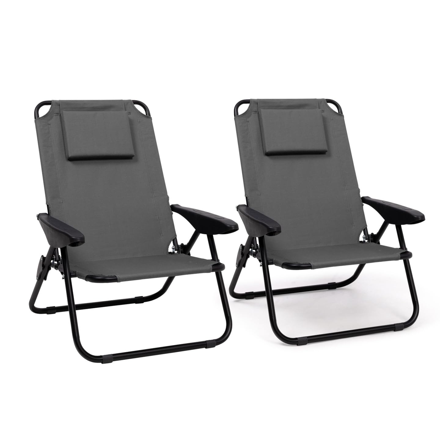 IDMarket – Juego de 2 sillas de playa plegables – Sillones de jardín reclinables mochila gris antracita y lona gris