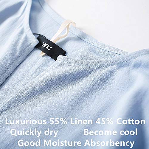 7 Veils Men’s Natural Linen Robe Casual Caftan Cotton Thobe V Neck Long Gown Dress Shirt Kaftan （Light Blue L #TOP6