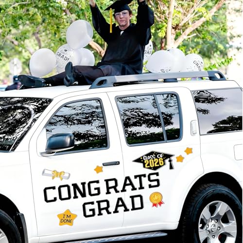 Image of Graduation Magnetic Car Decoration 2026 Congrats Grad Banners Car Parade Decor Signs Refrigerator Decal Magnetic Stickers Garage Door Magnets Graduation Party Supplies Black