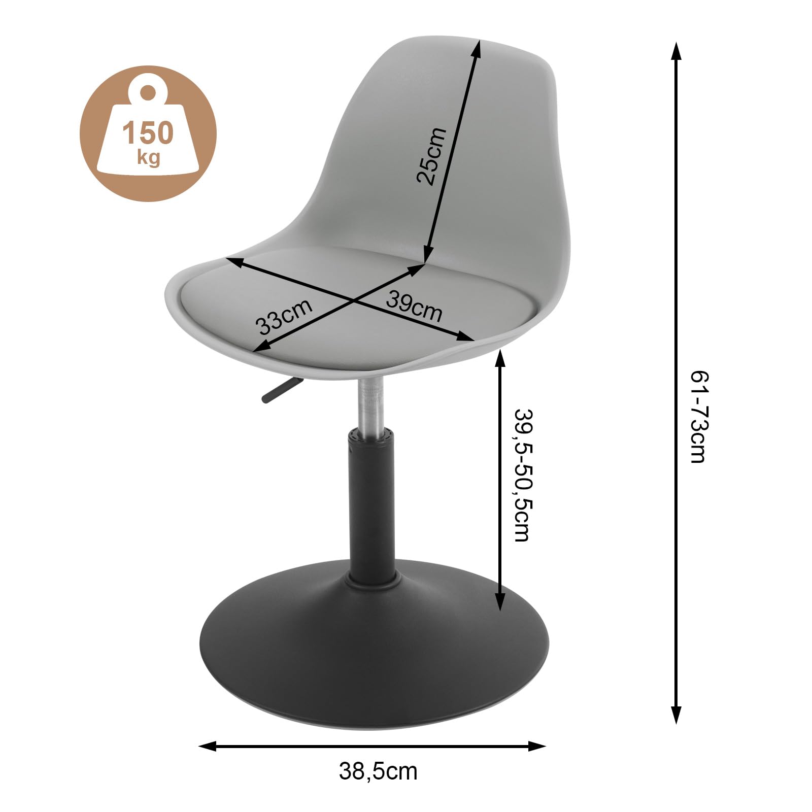 WOLTU Sgabello con Schienale Moderno Sedia da Cucina Girevole a 360° Altezza Regolabile Senza Braccioli in PU Altezza della Sedia 39,5cm-50,5cm Grigio BH304gr-1