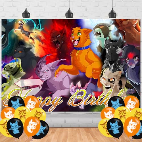 PINUO Warriors Cats Birthday Party Backdrop 5x3, Orange, Black, White, Fantasy Cat Theme, Indoor Use, 18pcs Balloons, Wall Mount, Rectangular Banner
