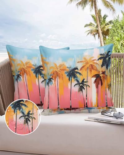 Boanket Outdoor Pillow Covers 24 x 24 In, Summer Coconut Tree Waterproof Throw Pillow Cover Set of 2, Colorful Oil Painting Tropical Plants Home Decorative Square Cushion Covers for Patio/Couch/Garden