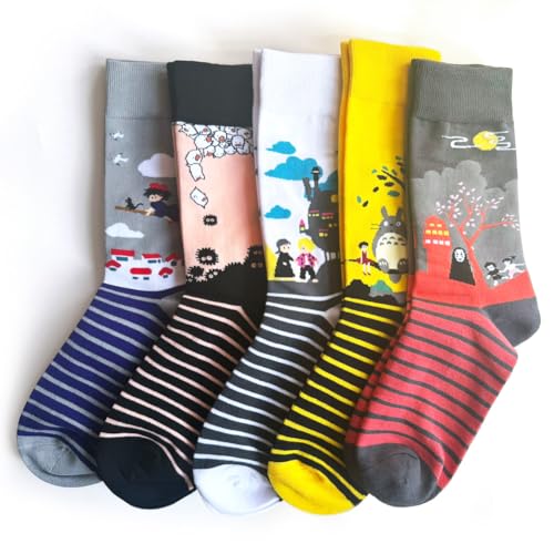 5 Pairs Stripe Colorful Patterned Medium High Top Cotton Crew Socks for Women, Kawaii Cartoon Howl, Kiki, ect2