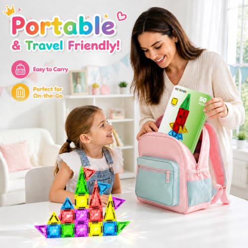 Image of Mini Magnetic Tiles 50PCS Travel Magnetic Building Blocks for Kids Ages 3+ | mini magnetic tiles, travel friendly, metal storage box, strong sealed magnets, non toxic abs, stem toy, gift for kids 3+