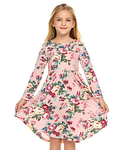 Bricnat Mädchen Kleid Langarm Kinder Kleid Blumen Kleid A Linie Gedruckt Kleider O-Ausschnitt Kleid Herbst Winter Rosa 120 Cover