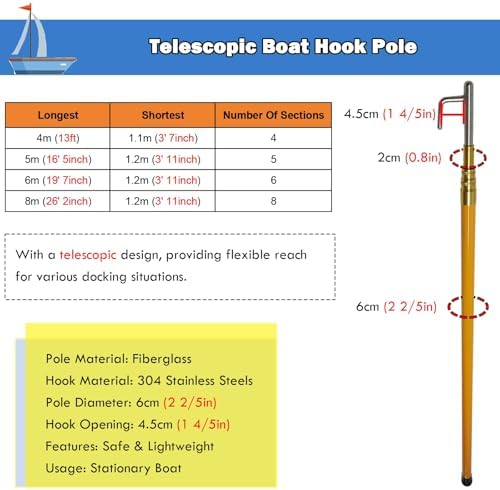 Telescopic Boat Hook - 4m to 8m Adjustable Push Pole with Durable Stainless Steel Hooks for Rescuing, Pushing, Pulling, and Docking - Essential Marine Accessory