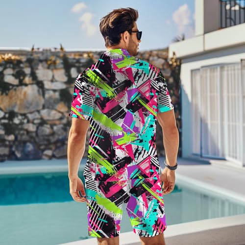 80s 90s Men's Hawaiian Outfits 2 Piece Shirt and Shorts Sets Button Down Beach Suits Disco Party2