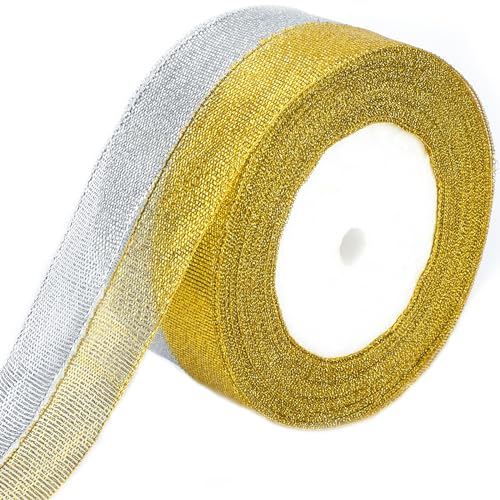 G2PLUS Cinta Organza Oro y plata: Cinta de Navida 44mx20mm para Regalo Decoración Navidad Boda Manualidades, Vacaciones,Decoracion del Hogar