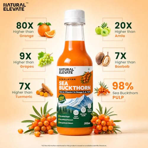 Image of Natural Elevate Pure Himalayan Sea Buckthorn Juice 300ml | Cold-Pressed Sea Buckthorn Pulp Concentrate | Rich in Omega 3, 6, 7 & 9 + Vitamin C | Antioxidant-Rich Nutraceutical | Supports Immunity, Skin, Heart & Gut Health | No Added Sugar | Lab Tested