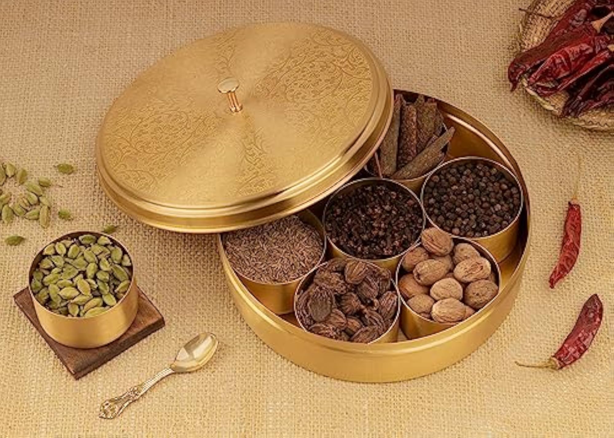 Handcrafted Brass Spice Box Set with Spoon, 7 Containers