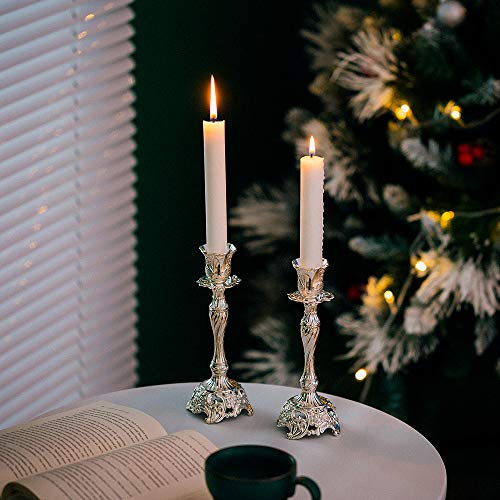 Sziqiqi Silver Plated Candlestick Holders Set Of 2 Taper Candle Holders Deluxe Ornate Candle Holders For Shabbat Taper Candles, Candle Centerpiece, Wedding Candles, Christmas Candle, 7.4Inch #TOP1
