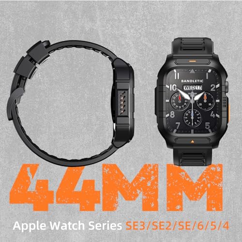 Bandletic Compatible with Apple Watch SE2/SE/6/5/4 Bands Case 44mm for Men - Soft Breathable Strap with Rugged Military Bumper Heavy Duty Protective Cover Accessories for iWatch Men 44mm - Black — view 6