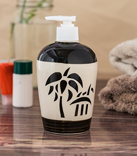 Image of Ceramic Liquid Soap Dispenser, 450 ml, Black Palm Leaf | Refillable Pump Bottle for Hand Wash, Lotion, Shampoo & Kitchen Use, 1 Piece