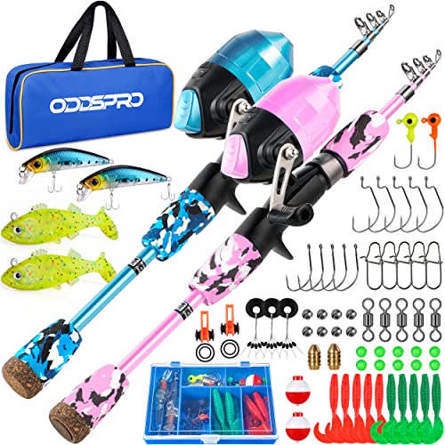 ODDSPRO Kids Fishing Pole - Kids Fishing Starter Kit - with Tackle Box, Reel, Practice Plug, Beginner's Guide and Travel Bag for