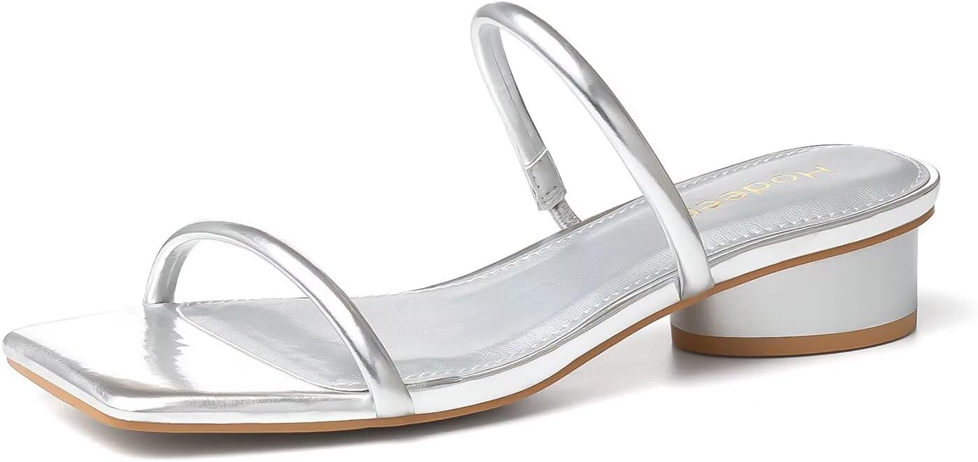 Square Open Toe Chunky Heels for Women Two Strap Low Block Heeled Slip On Short Sandals for Dressy Casual 1.18 inch