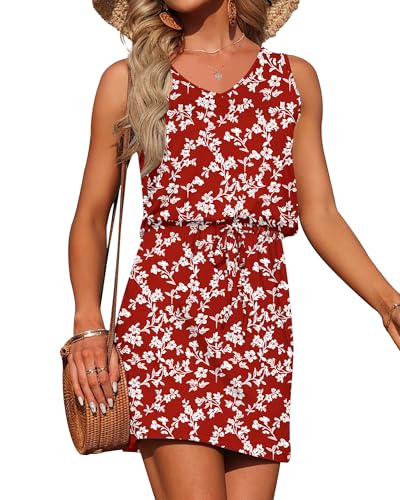 Image of AUSELILY Womens Summer Sleeveless V-Neck Drawstring Waist Beach Cover up Mini Short Swing Dresses with Pockets