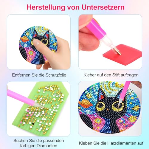 Pawsautomotively 10 Stück Diamond Painting Untersetzer, Katzen-Muster, Hölzernes, mit Halter und Diamant-Tasche, DIY Handgefertigt Kunsthandwerk, für Anfänger, Erwachsene und Kinder