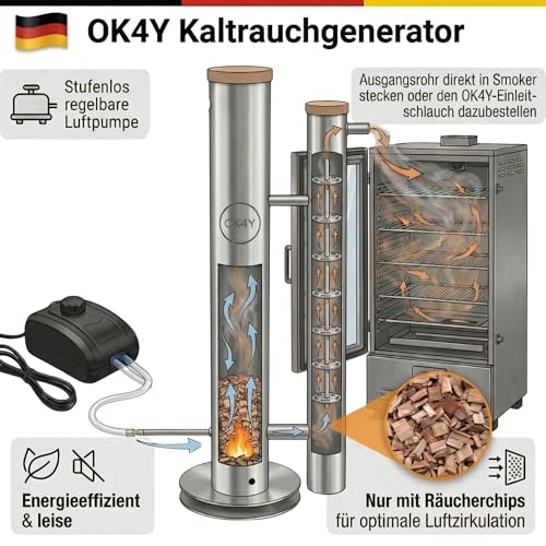 OK4Y Kaltrauchgenerator XXL 70 cm aus Edelstahl, 4,3 L – Kalträuchern für Räucherofen, Smoker & Grill – für Fisch, Fleisch, Käse & Wurst – Stand- & Wandmontage, Filter (70 cm Standmodell + Filter)
