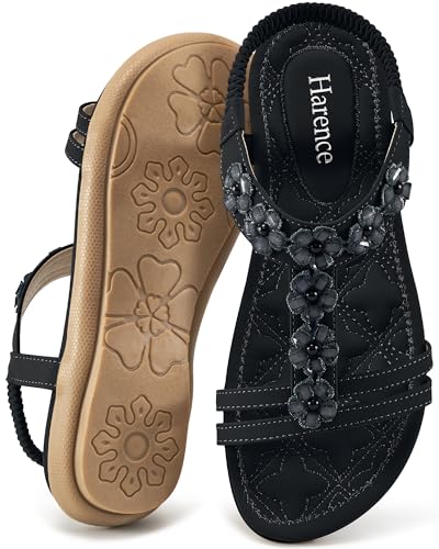 HARENCE Women's Summer Flat Sandals: Comfortable Bohemian Beaded Flats Shoes Elastic Ankle T-Strap Casual Slip on Beach Dress Sandals for Women