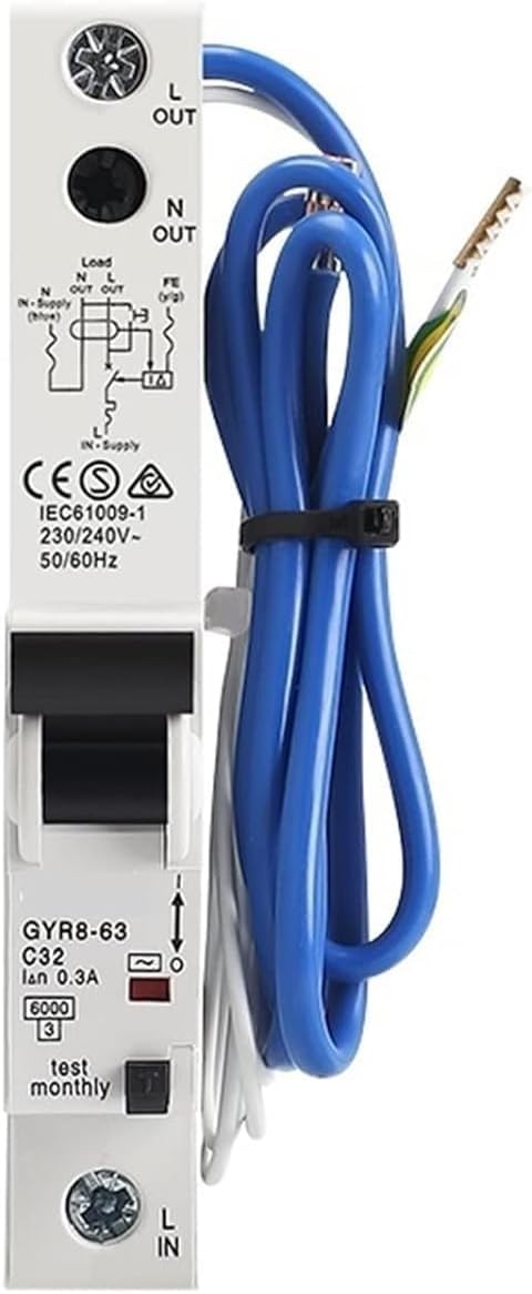 ALKOY Circuit Breaker GYR8 Electronic Type RCBO 18mm 230V 1P+N 6KA Residual Current Circuit Breaker with Over Current Potection 32A 10mA 30mA 1Pcs (Color : 16A, Size : 10mA)