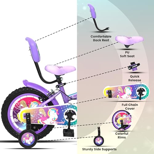 Image of Be You 14T Kids Bicycle for Girls with Training Wheels, Basket & Bottle | 14 Inch Cycle with Backrest & Full Chain Cover (Pink Purple, 14T)