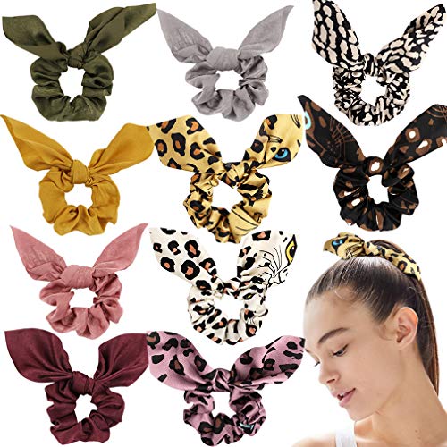 10 Packs Scrunchies for Hair, AOPRIE Leopard Hair Scrunchies Satin Bow Scrunchies for Hair Strong Elastic Hair Bands Hair Ties Bunny Ear Scrunchies Ponytail Holder Fashion Leopard Scrunchies