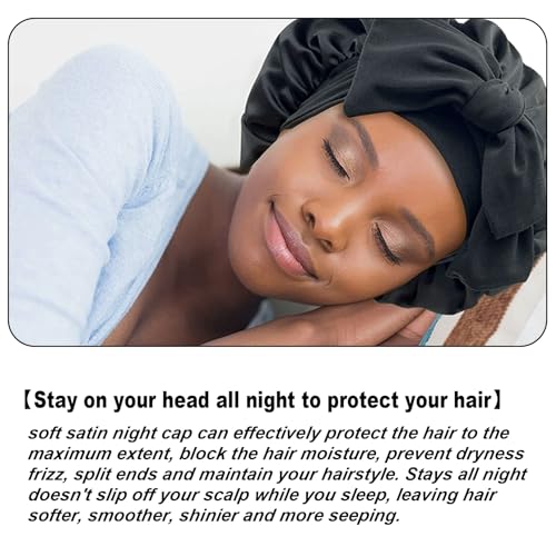 Seidenhaube zum Schlafen,Schlafhaube Seide,Silk Bonnet Sleep Cap,Schlafmütze Seide,Satin Haarhaube für Die Nacht Haare Schützen,Satinhaube zum Schlafen mit 2 Haargummis für Damen und Mädchen(Schwarz)