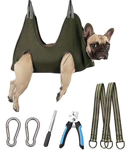Kkiimatt 5 in 1 Pet Grooming Hammock, Breathable Dog Hammock Restraint Bag for Small and Medium-Sized Pet, Dog Grooming Helper for Bathing Washing Grooming and T Nail (Khaki Green)