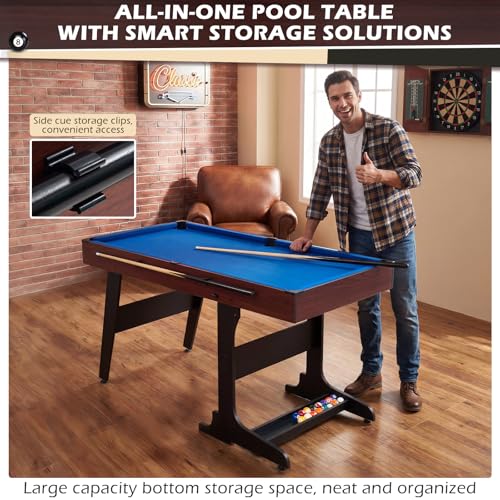 Image of 53 Inch Folding Pool Table with Built-in Ball Storage and Cue Clips, Freestanding Billiard Game Table Set for Family Game Room, Includes Cues, Balls, Chalk and Brush