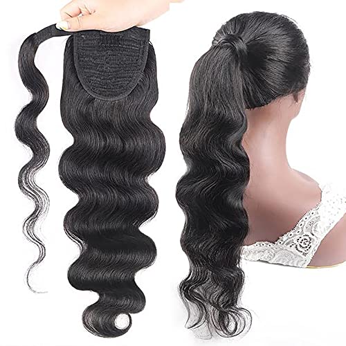 Natural Black Body Wave Real Human Hair Ponytail Extension For Black Women Wrap Around Long Clip In Wavy Pony Tail Hair Piece Extensions Remy Hair (14 Inch 100G, Body Wave Ponytail) #TOP6