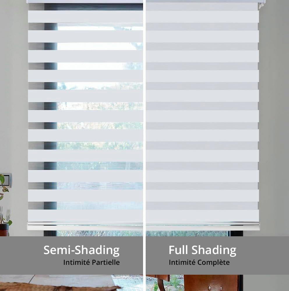Wymo Zebra Blinds for Windows 39''W X 64''H inch White, Dual Layer Sheer Light, with Cordless Manual Control Stick, Day Night Privacy Light Filtering Fabric