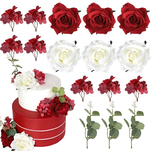 Rsstarxi Red Rose Boho Happy Mother's Cake Decoration with Red Hydrangea Eucalyptus Cake Picks for Wedding Birthday Valentine's Day Party DIY Cake Decorations Supplies
