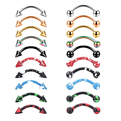 Finrezio 20 Pièces 16G Piercing Sourcil Langue Anneaux Barbell Courbe Acier Chirurgical Piercing Arcade Cartilage Helix Piercing Bijoux de Corps Multicolor pour Femmes Hommes