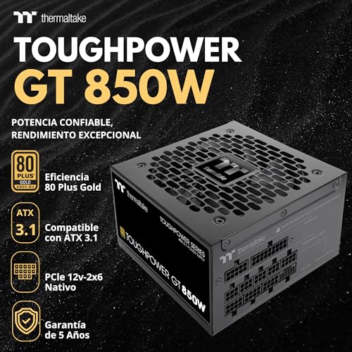 Thermaltake Toughpower GT 850W | Fuente de Alimentación Totalmente Modular ATX 3.1 | PCIe 5.1 12V-2×6 Nativo | 80 Plus Gold | Ventilador 120mm Silencioso | Smart Zero Fan | 5 Años Garantía | Negro 3