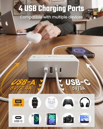 6Ft Flat Plug Extension Cord, Surge Protector Power Bar, 4 Outlets &4 USB | SUPERDANNY Surge Protector Power Strip, Small Outlet Extender for Home, Office Supplies, College Dorm Room Essentials, Travel - View 7