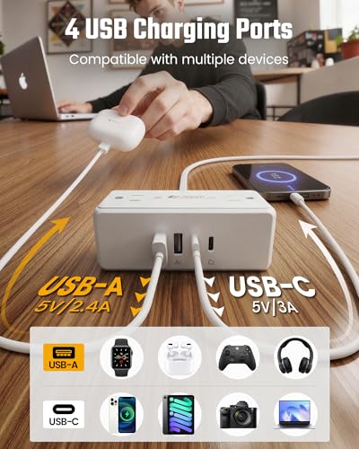 6 Ft Flat Plug Extension Cord with Multiple Outlets, SUPERDANNY Surge Protector Power Bar with 4 Outlets & 4 USB Ports (2 USB C), Small Outlet Extender for Home, Office Supplies, D image 3