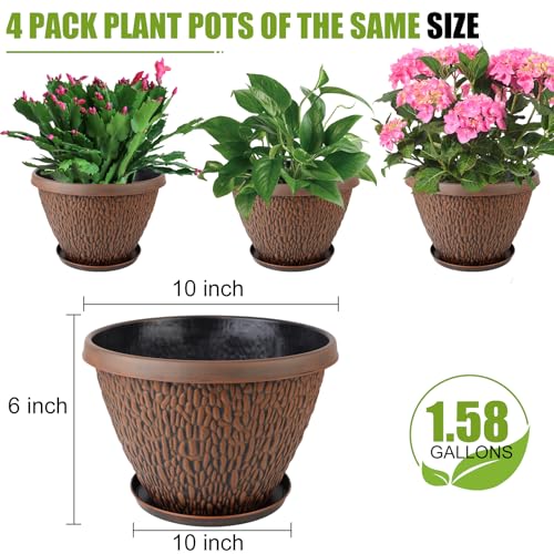 4 Pack 10 Inch Plant Pot, Plastic Flower Pots Outdoor with Drainage Hole & Tray, Planters for Indoor Outdoor Plants, Lightweight Modern Decorative Garden Pot with Saucer - Image 4