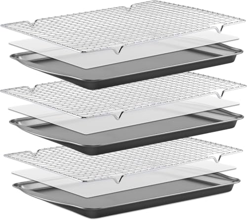 BEWOS Baking Sheet Pans With Racks Set - Including 17.6 × 12 × 1.26 Inch Carbon Steel Baking Sheet, Set of 106 (3 Sheets + 3 Cooling Racks + 100 Parchment Paper), Nonstick Bakeware sets for Baking