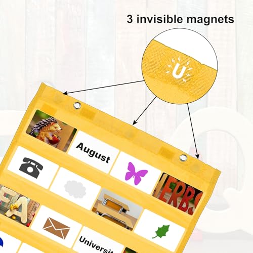 PATIKIL Magnetic Pocket Chart, Small Pocket Chart Mini Double Sided Classroom Pocket Chart Organizer Wall Hanging for Classroom Supplies, Yellow - Image 3