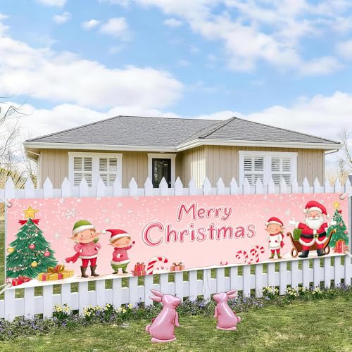 Image of Pink Merry Christmas Banner 78.7 x 17.7 Inch Santa and Elf with Christmas Tree Candy and Gift Box Design Festive Holiday Decoration for Home Yard Garden Wall or Indoor Celebration Display