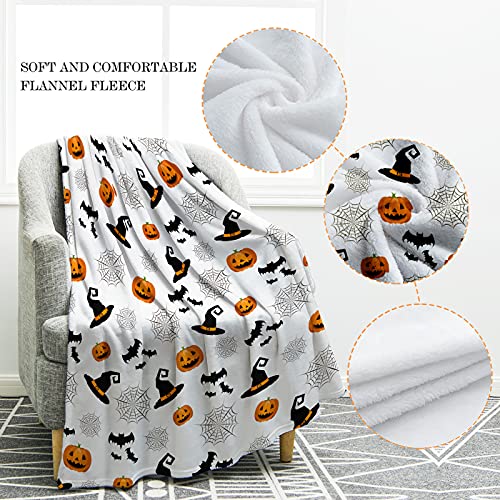 Jekeno Halloween Pumpkin Spooky Blanket Bats Hat Spider Webs Print Gifts for Women Kids Girls Boys Home Bedroom Living Room Decor Soft Cozy All Saints' Day Throw Blankets White 50"x60"