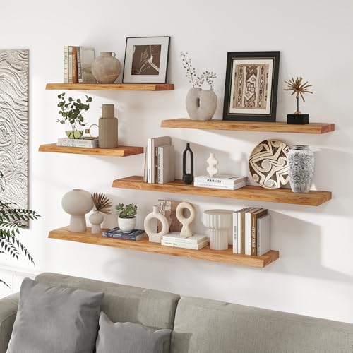 Image of RICHFOCUS Live Edge Elm Floating Shelves - 40 inch W x 9.3 inch D Rustic Solid Wood Wall Shelves with Invisible Bracket, Wall-Mounted for Living Room, Bedroom, Kitchen Storage & Display, Set of 2, Natural