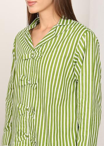 Image of Vlazom Women Cotton Striped Night Suit Set with Pocket | Full Sleeve Shirt & Pajama Co-Ord Set | Soft Breathable Sleepwear with Bow Detail | Comfortable Loungewear for Home