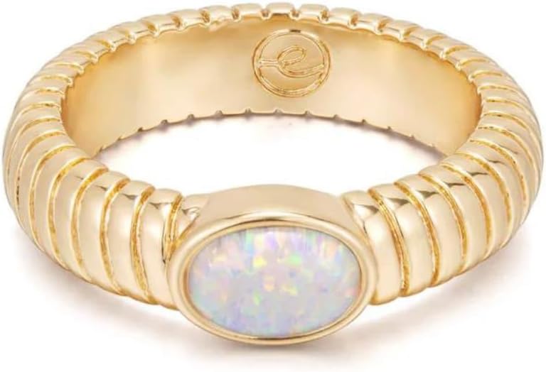 Ettika Gold Ring For Women. Statement Ring. Opal Center Stone Flex Ribbed 18K Gold Plated Ring. Jewelry, Birthday Gifts For Women. Ring Size 7