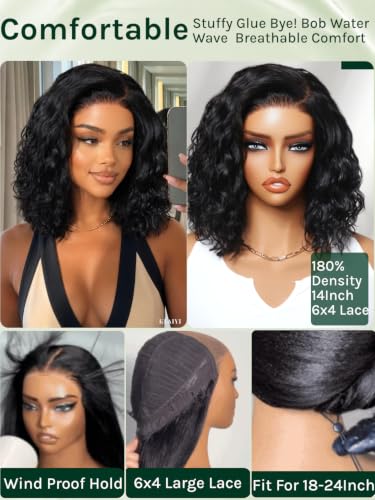 Image of KLAIYI Side Part Bob Water Wave Glueless 6x4 Lace Front Wigs Human Hair 10 inch