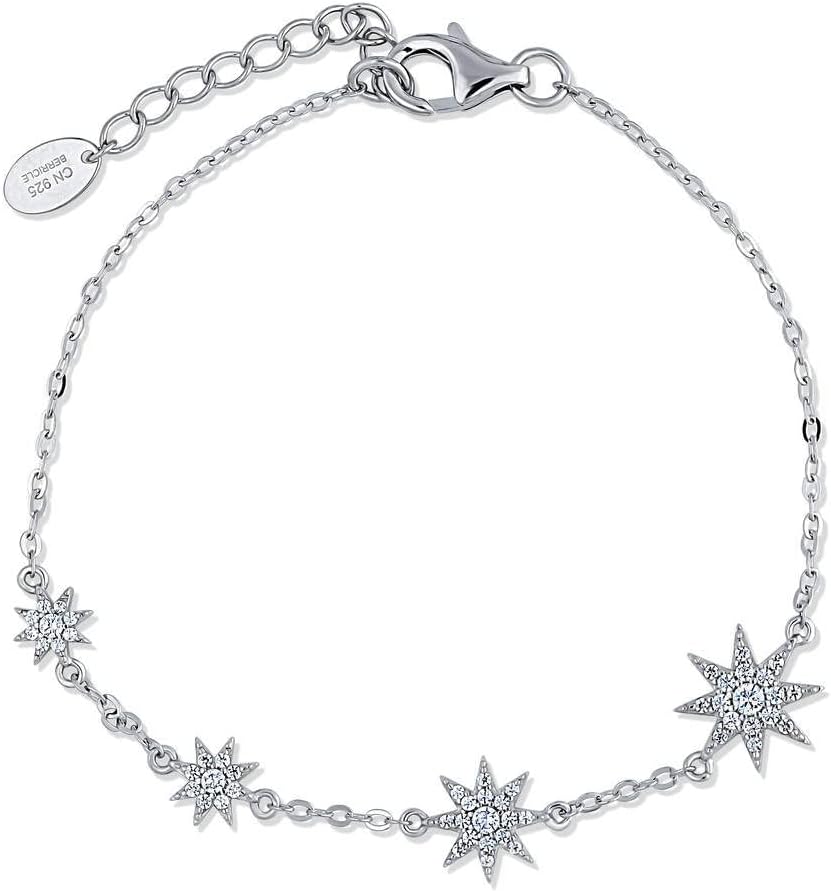 BERRICLE Sterling Silver Starburst Cubic Zirconia CZ Fashion Rolo Chain Bracelet for Women, Rhodium Plated 7 inch