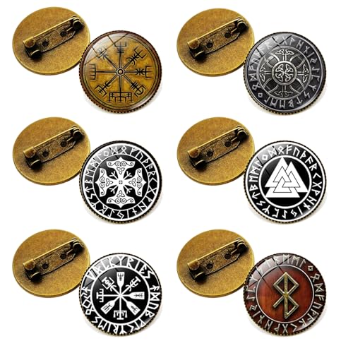 6 piezas Vegvisir Vikingo Brújula Broche, Pines Insignia Retro Runic Impreso, Cristal Cúpula Broches, Pines Originales Para Regalar(Bronce)