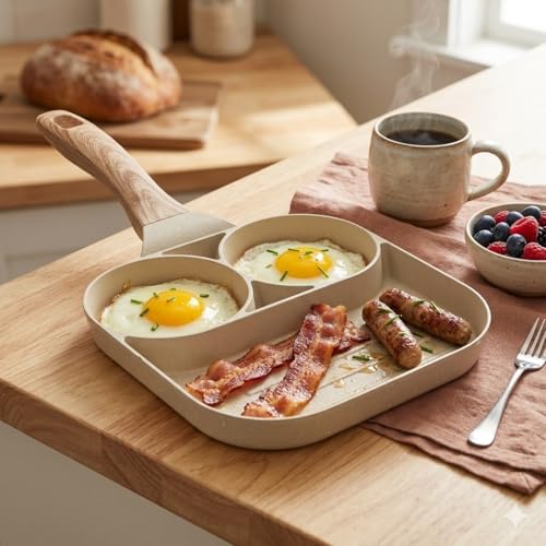 Image of 3 in 1 Frying Pan Dual Egg & Omelette Non-Stick Frying Pan with Heat-Resistant Handle | Stone-Finish Coating | Ideal for Eggs, Pancakes, Mini Uttapam & Snacks Cooking Pan (White)