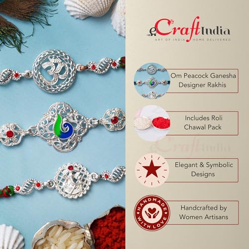 Image of eCraftIndia Set of 3 Peacock, Om, Lord Ganesha Religious Rakhis, Best Bro Ever Fridge Magnet with Roli Chawal Pack - Rakhis for Brother, Bhabhi, Kids